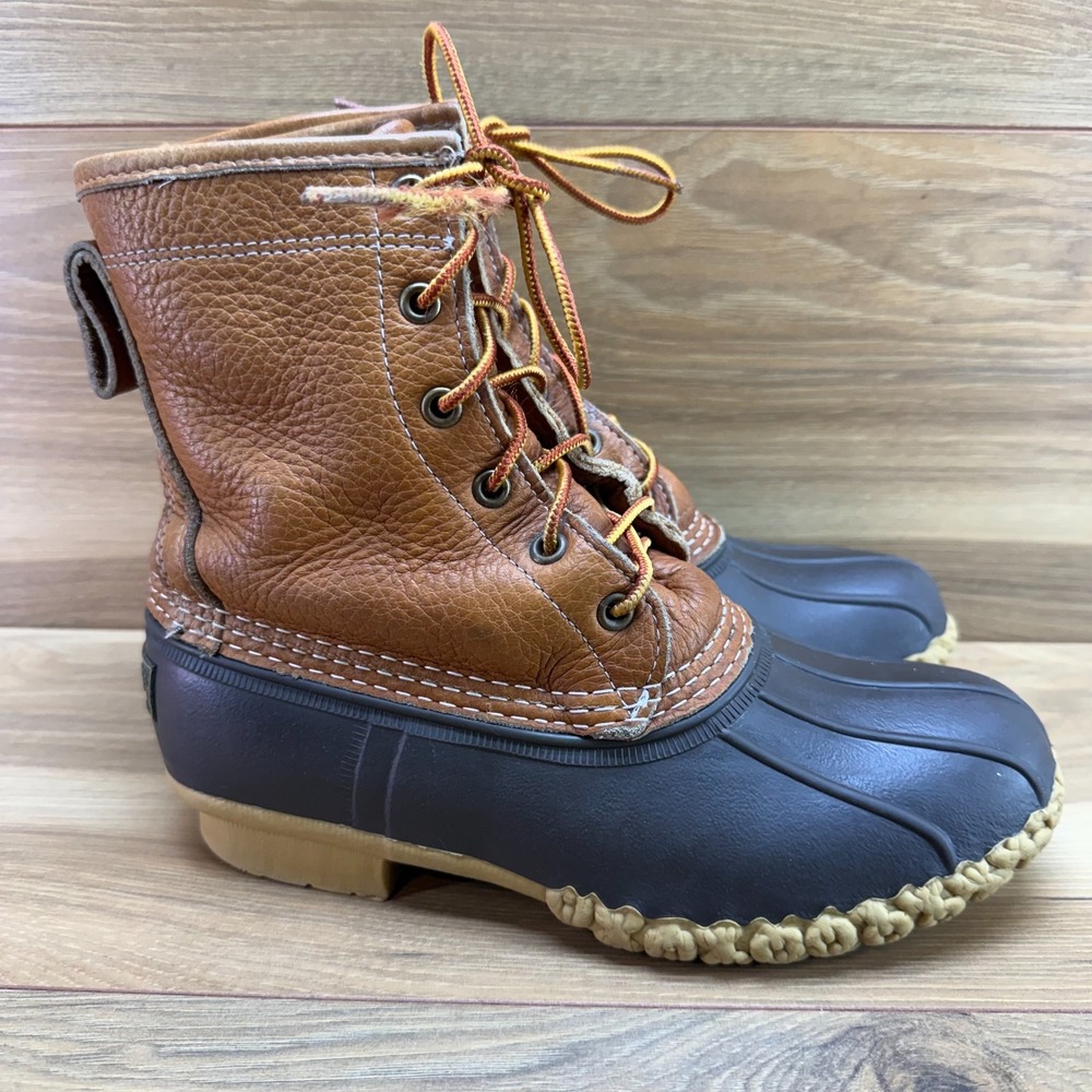 LL BEAN Duck Boots Plaid Lined Womens 7 M Cognac Tumbled Leather Waterproof Fall